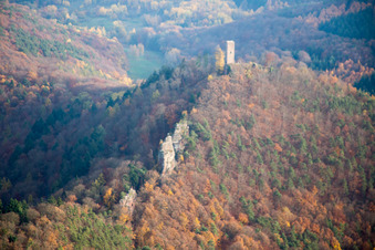 Trifels Castle in Annweiler am Trifels in the state Rhineland-Palatinate, Germany from the plane