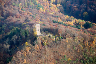 Aerial view of Scharfenberg Castle ruins, called "Münz in Leinsweiler in the state Rhineland-Palatinate, Germany
