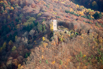 Aerial photograpy of Scharfenberg Castle ruins, called "Münz in Leinsweiler in the state Rhineland-Palatinate, Germany