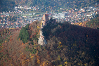 Aerial view of Trifels climbing rocks in Annweiler am Trifels in the state Rhineland-Palatinate, Germany