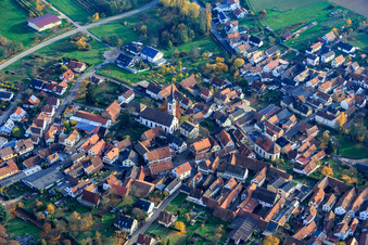 Aerial view of Laurentius Church and Protestant Church in Göcklingen in the state Rhineland-Palatinate, Germany