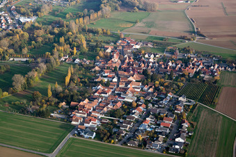 Aerial view of Town View of the streets and houses of the residential areas in the district Muehlhofen in Billigheim-Ingenheim in the state Rhineland-Palatinate