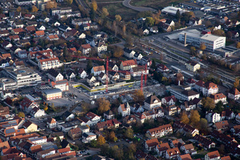 Bird's eye view of In the city center" New building of RiBa GmbH between Bismarck- and Gartenstr in Kandel in the state Rhineland-Palatinate, Germany