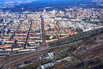 Aerial photograpy of Stuttgarter Straße x Rüppurer Straße beyond the freight station in the district Südstadt in Karlsruhe in the state Baden-Wuerttemberg, Germany