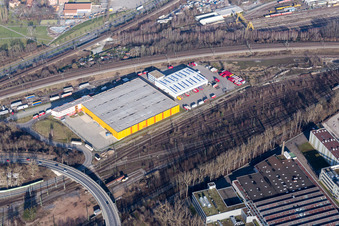 Warehouses and forwarding building of Emons Spedition GmbH and DM Logistikzentrum in the district Oststadt in Karlsruhe in the state Baden-Wurttemberg, Germany