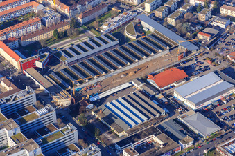 Tram depot of the Karlsruhe Transport Association (KVV) GmbH in the district Oststadt in Karlsruhe in the state Baden-Wuerttemberg, Germany
