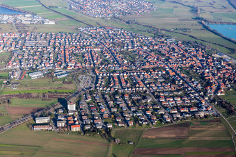 Aerial view of Town View of the streets and houses of the residential areas in the district Spoeck in Stutensee in the state Baden-Wurttemberg, Germany