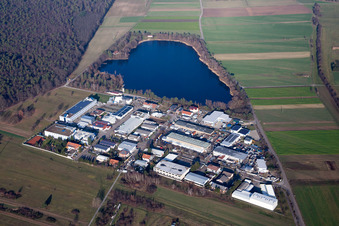 Aerial view of Industrial Road at the Baggersee Spöck in the district Spöck in Stutensee in the state Baden-Wuerttemberg, Germany