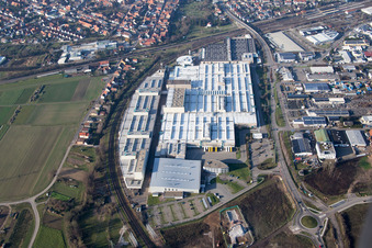 Aerial view of Building and production halls on the premises of SEW-EURODRIVE GmbH & Co KG in Graben-Neudorf in the state Baden-Wurttemberg, Germany