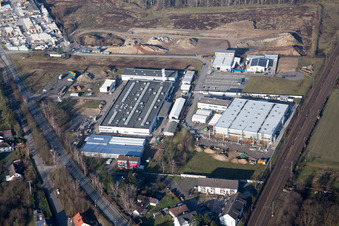 Aerial view of Siemensstr industrial park in the district Neudorf in Graben-Neudorf in the state Baden-Wuerttemberg, Germany