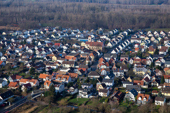 Aerial view of Rheinstr in the district Neuburgweier in Rheinstetten in the state Baden-Wuerttemberg, Germany