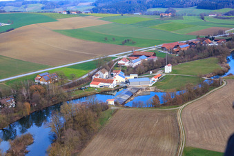 River weir on the Rott with Franz Plinganser metalworking in the district Schwaibach in Bad Birnbach in the state Bavaria, Germany
