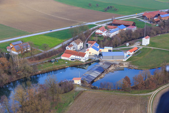 Aerial view of River weir on the Rott with Franz Plinganser metalworking in the district Schwaibach in Bad Birnbach in the state Bavaria, Germany