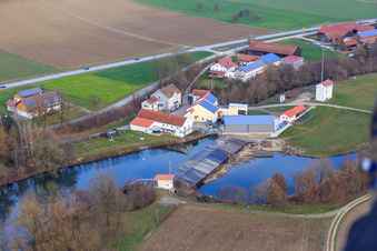 Aerial photograpy of River weir on the Rott with Franz Plinganser metalworking in the district Schwaibach in Bad Birnbach in the state Bavaria, Germany