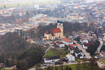 Aerial view of Gartlberg pilgrimage church in Pfarrkirchen in the state Bavaria, Germany