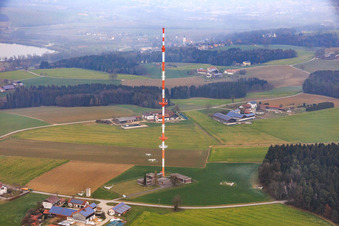 Red and white mast of the Pfarrkirchen transmitter in the district Hinten in Postmünster in the state Bavaria, Germany