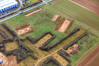 Archaeological excavations/surveys in the W industrial park in Herxheim bei Landau in the state Rhineland-Palatinate, Germany from above
