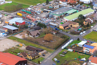 Aerial view of Industrial area Industriestraße with riding stable Petra Egalite and Conrad paint shop in Billigheim-Ingenheim in the state Rhineland-Palatinate, Germany