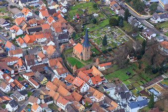 Aerial view of Cemetery Dörrenbach and St. Martin Simultaneous Church - Protestant Parish Dörrenbach-Oberotterbach in Dörrenbach in the state Rhineland-Palatinate, Germany