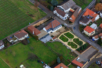 Park of the Hotel Schlössl Oberotterbach in Oberotterbach in the state Rhineland-Palatinate, Germany from above