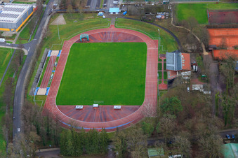Aerial view of Bienwald Stadium in Kandel in the state Rhineland-Palatinate, Germany