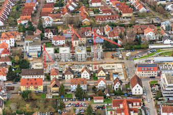Aerial view of Construction site for new development in the city center from the east in Kandel in the state Rhineland-Palatinate, Germany