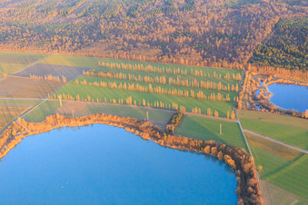 Aerial view of Gravel pit at Hardtwald in Durmersheim in the state Baden-Wuerttemberg, Germany