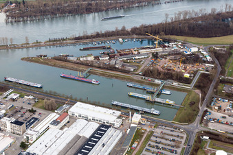 Quays and boat moorings at the port of the inland port on the Rhine river in Speyer in the state Rhineland-Palatinate, Germany