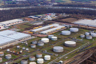 Industrial area at the airport with tank farm and DHL logistics center in Speyer in the state Rhineland-Palatinate, Germany