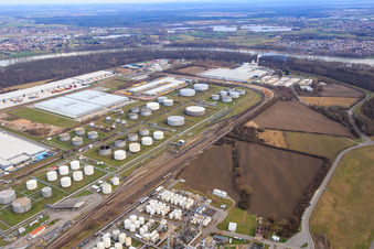 Aerial view of Industrial area at the airport with tank farm and DHL logistics center in Speyer in the state Rhineland-Palatinate, Germany