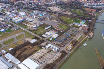 Aerial photograpy of PFW Aerospace GmbH, Hall 101 Speyer - Cultural Center and Bopp & Reuther Messtechnik at the New Rhine Harbor in Speyer in the state Rhineland-Palatinate, Germany