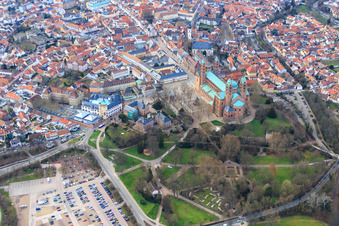 Aerial view of Cathedral to Speyer in winter from the east in Speyer in the state Rhineland-Palatinate, Germany