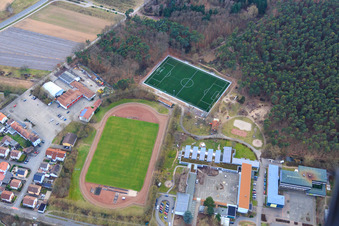 Aerial view of Realschule Plus Dudenhofen and sports field of the Turnerheim TV 1897 Dudenhofen eV in Dudenhofen in the state Rhineland-Palatinate, Germany
