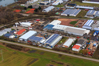 Aerial view of Industrial area In den Birkenwiesen with BULLINGER Metallbau GmbH in Offenbach an der Queich in the state Rhineland-Palatinate, Germany