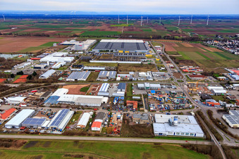 Aerial view of Interpark industrial park with Mercedes-Benz logistics center in Offenbach an der Queich in the state Rhineland-Palatinate, Germany