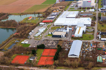 Aerial view of TCO tennis court at the fishing pond in Offenbach an der Queich in the state Rhineland-Palatinate, Germany