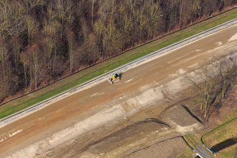 Aerial view of Construction site for the strengthening of the Rhine dam in the district Rußheim in Dettenheim in the state Baden-Wuerttemberg, Germany