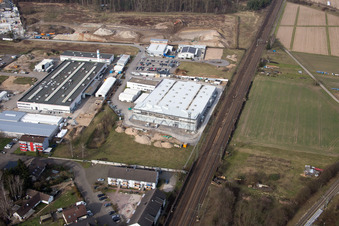 Oblique view of Siemensstr industrial park in the district Neudorf in Graben-Neudorf in the state Baden-Wuerttemberg, Germany