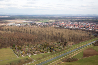 Aerial photograpy of Allotment gardens on the Saalbach Canal in the district Graben in Graben-Neudorf in the state Baden-Wuerttemberg, Germany