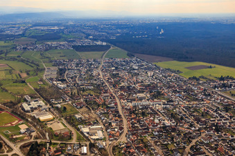 Aerial view of Main Street in the district Blankenloch in Stutensee in the state Baden-Wuerttemberg, Germany