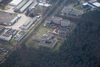 Aerial view of District Waldstadt in Karlsruhe in the state Baden-Wuerttemberg, Germany