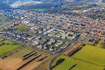 Aerial view of Dürerstr in the district Neureut in Karlsruhe in the state Baden-Wuerttemberg, Germany