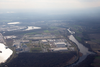 Aerial photograpy of Oberwald industrial area from the northeast in Wörth am Rhein in the state Rhineland-Palatinate, Germany