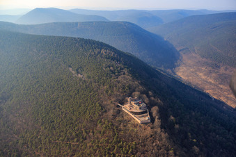 Aerial view of Rietburg Castle Ruins in Rhodt unter Rietburg in the state Rhineland-Palatinate, Germany