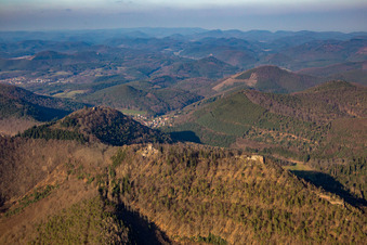 Aerial view of Löwenstein, Hohenburg and Wegelnburg in Wingen in the state Bas-Rhin, France