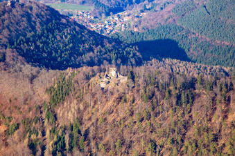 Aerial view of Chateau de Löwenstein in Wingen in the state Bas-Rhin, France