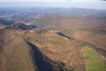 Aerial view of Castle ruins Löwenstein, Hohenburg and Wegelnburg from the south in Wingen in the state Bas-Rhin, France