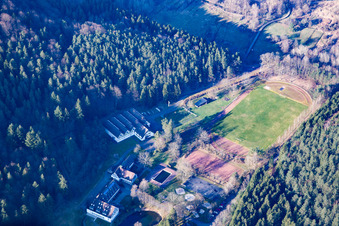Aerial view of Sports field at Heilsbach in Schönau in the state Rhineland-Palatinate, Germany