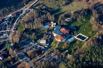 Spa and swimming pools at the swimming pool of the leisure facility Felsland Badeparadies in the district Buettelwoog in Dahn in the state Rhineland-Palatinate