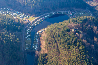 Aerial view of Neudahner Weiher campsite in Dahn in the state Rhineland-Palatinate, Germany